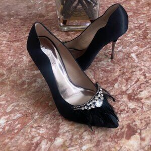 ABS Allen Schwartz Crystal Embellished Black Satin Heels